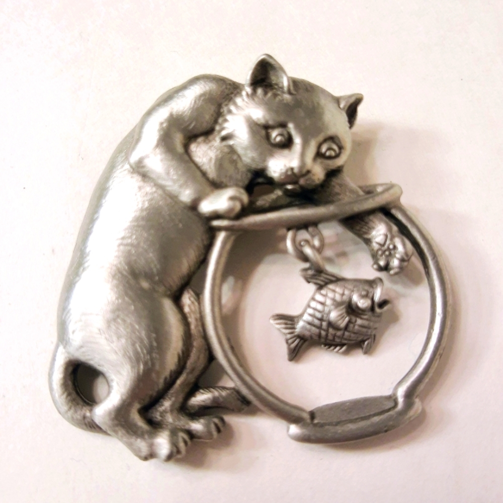 Vintage JJ Jonette Pewter Cat Fishbowl Brooch Pin
